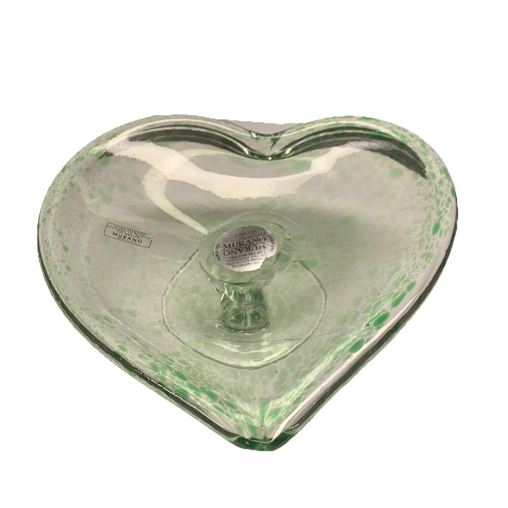 🌼Lavorazione Italy Green/Clear Heart Art Glass Murano Footed Bowl
